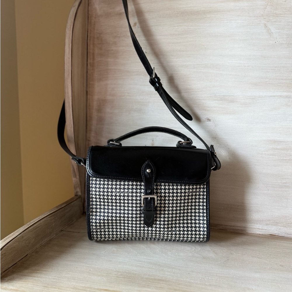 Vintage Ralph Lauren Houndstooth Top Handle Crossbody Strap Black White Bag